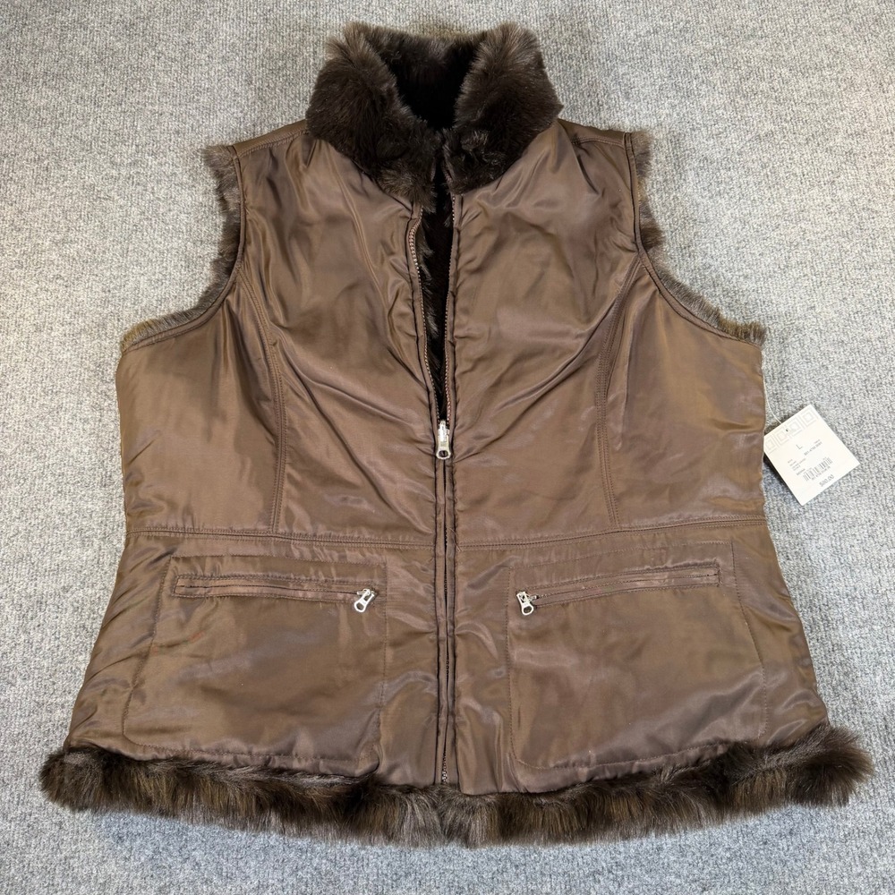 Liz Claiborne Womens Reversible Faux Fur Vest Brown Full Zip Pockets L 851-4755